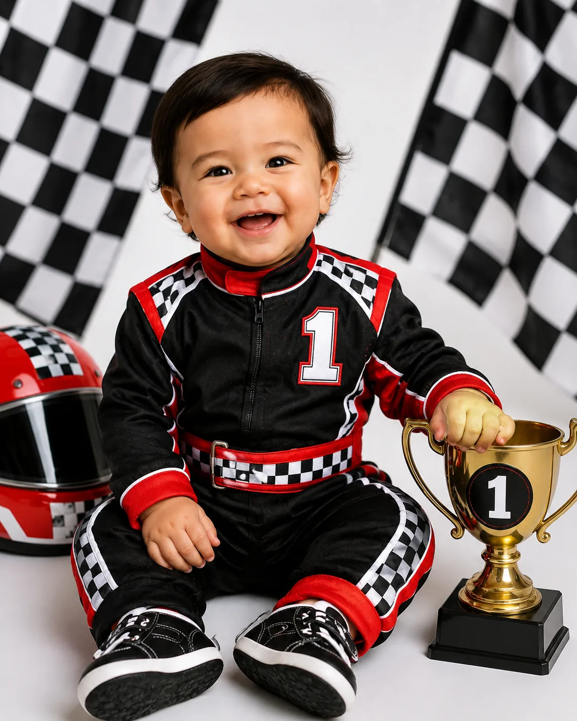 Luke Gabriel dressed as a race-car driver