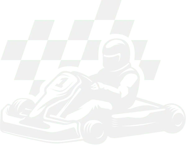 Racing driver in a go-kart beneath a checkered flag