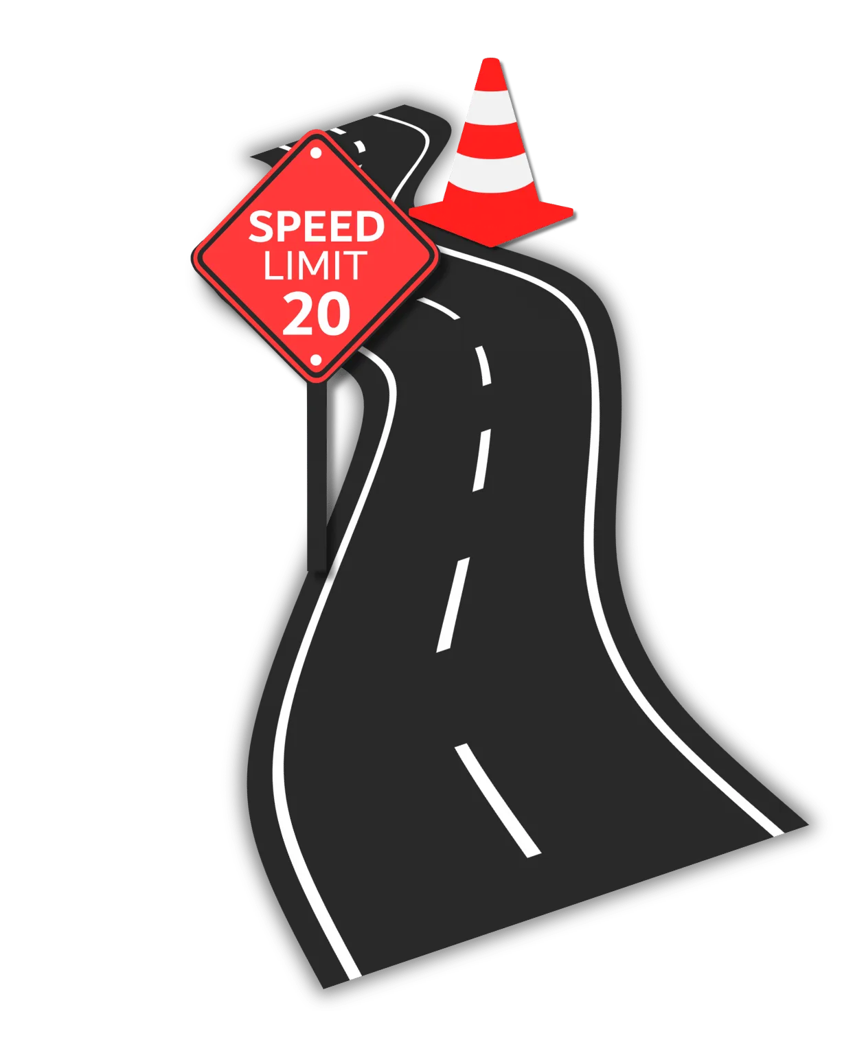 Speed-limit sign, traffic cone, and winding race road