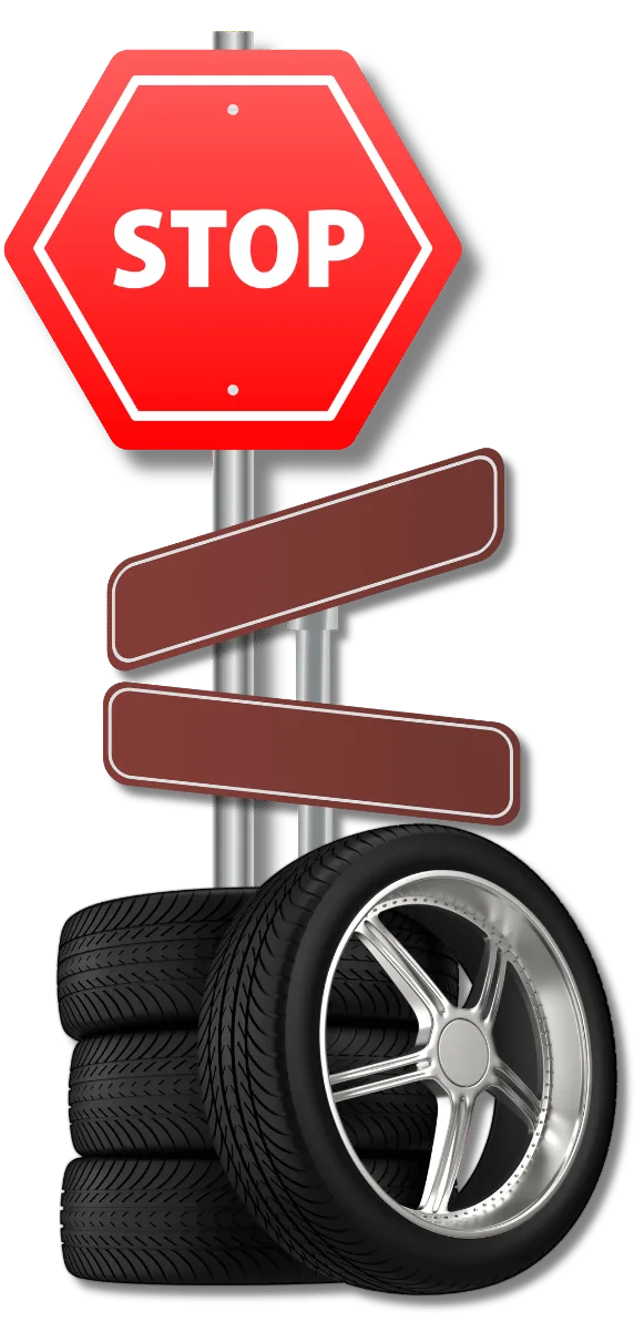 Stop sign, venue boards, and racing tires